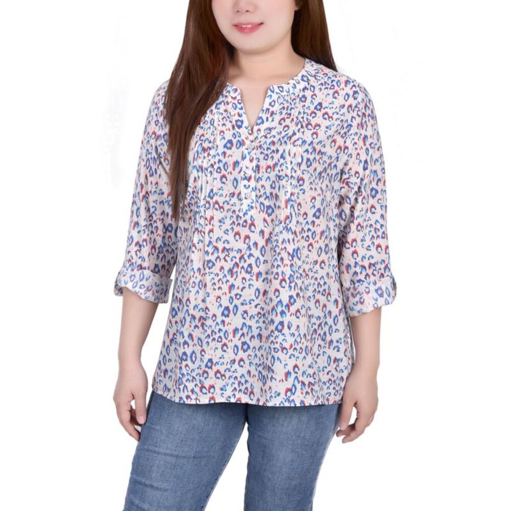 NY Collection Petite Size 3/4 Roll Tab Sleeve Blouse Top